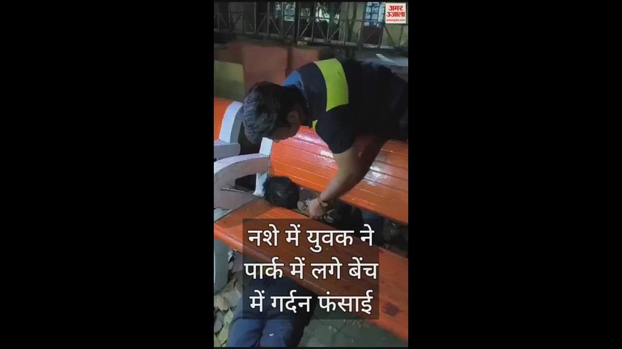 VIDEO : Drunk youth stuck his neck in a bench in the park police saved him
