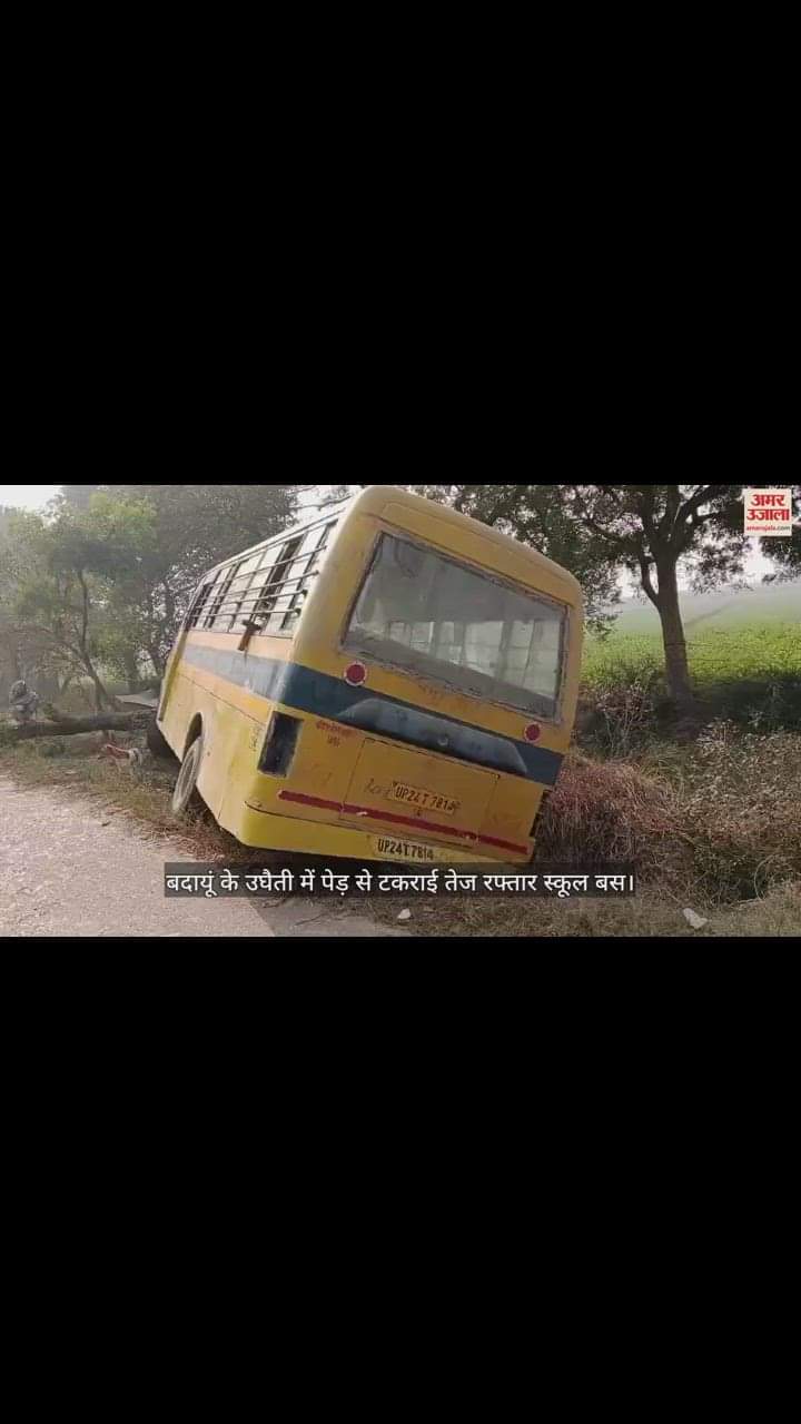 VIDEO : बदायूं के उघैती में पेड़ से टकराई तेज रफ्तार स्कूल बस, बाल-बाल बचे बच्चे