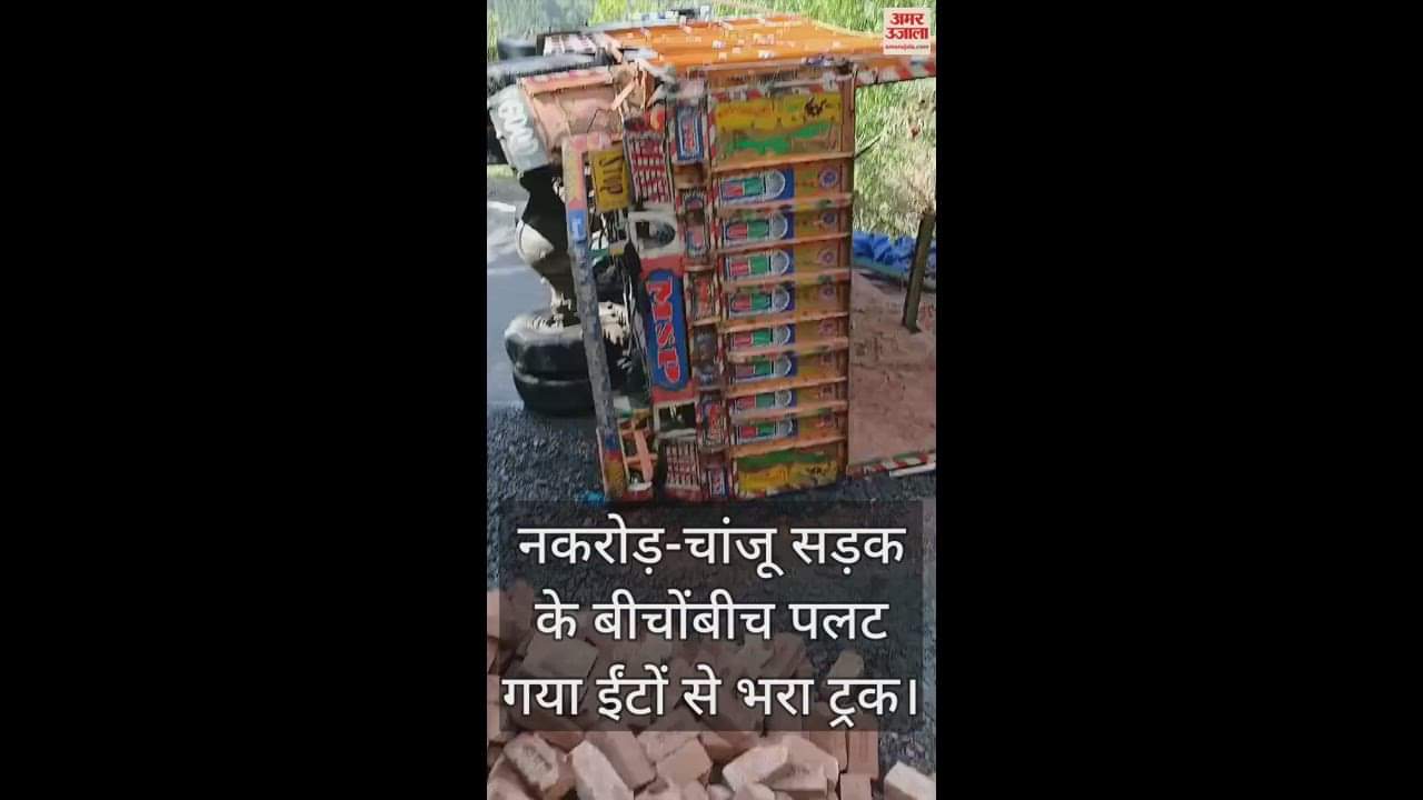 VIDEO : Truck full of bricks overturned in the middle of Nakrod-Chanju road, vehicular movement came to a standstill for hours