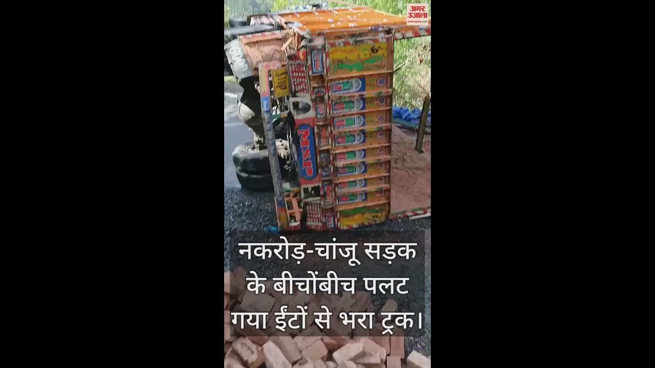 VIDEO : Truck full of bricks overturned in the middle of Nakrod-Chanju road, vehicular movement came to a standstill for hours