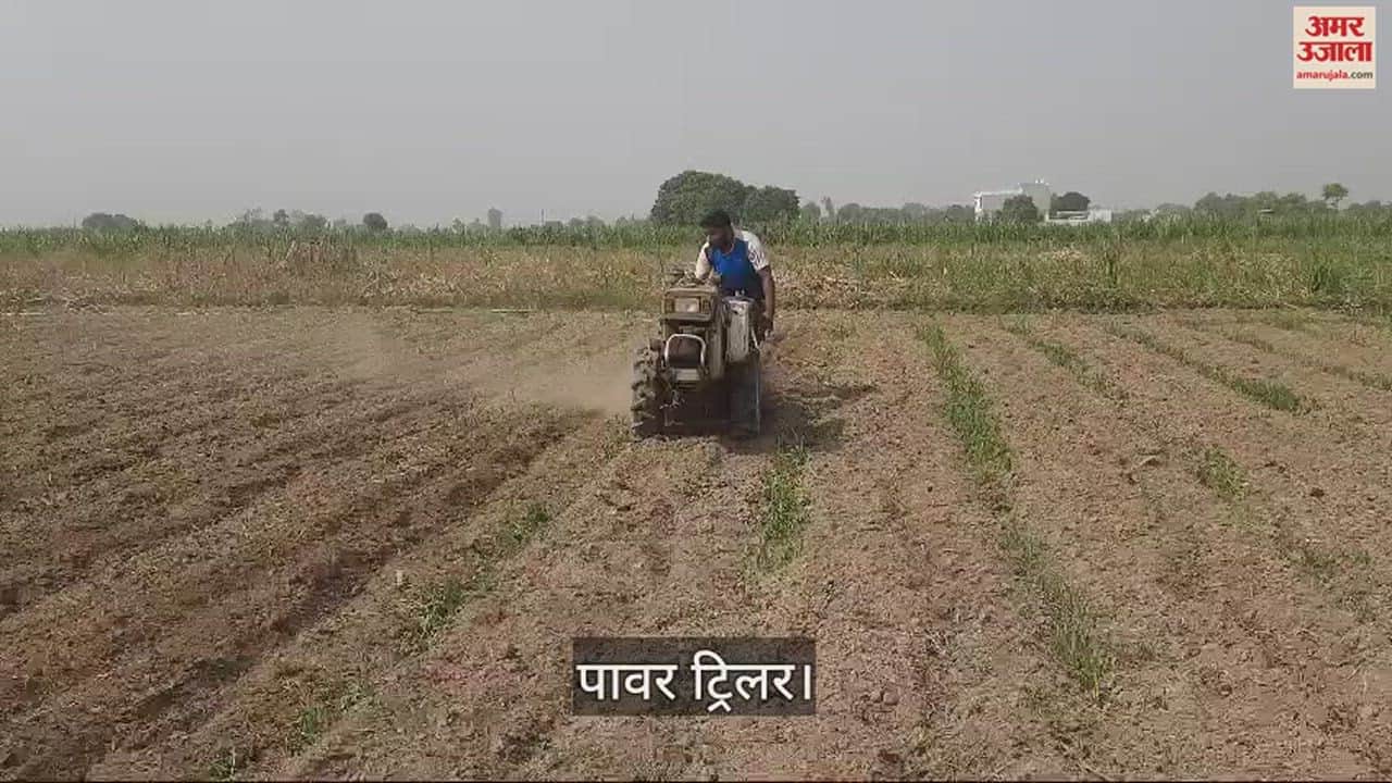 पावर ट्रिलर से खेत की जुताई करता किसान।