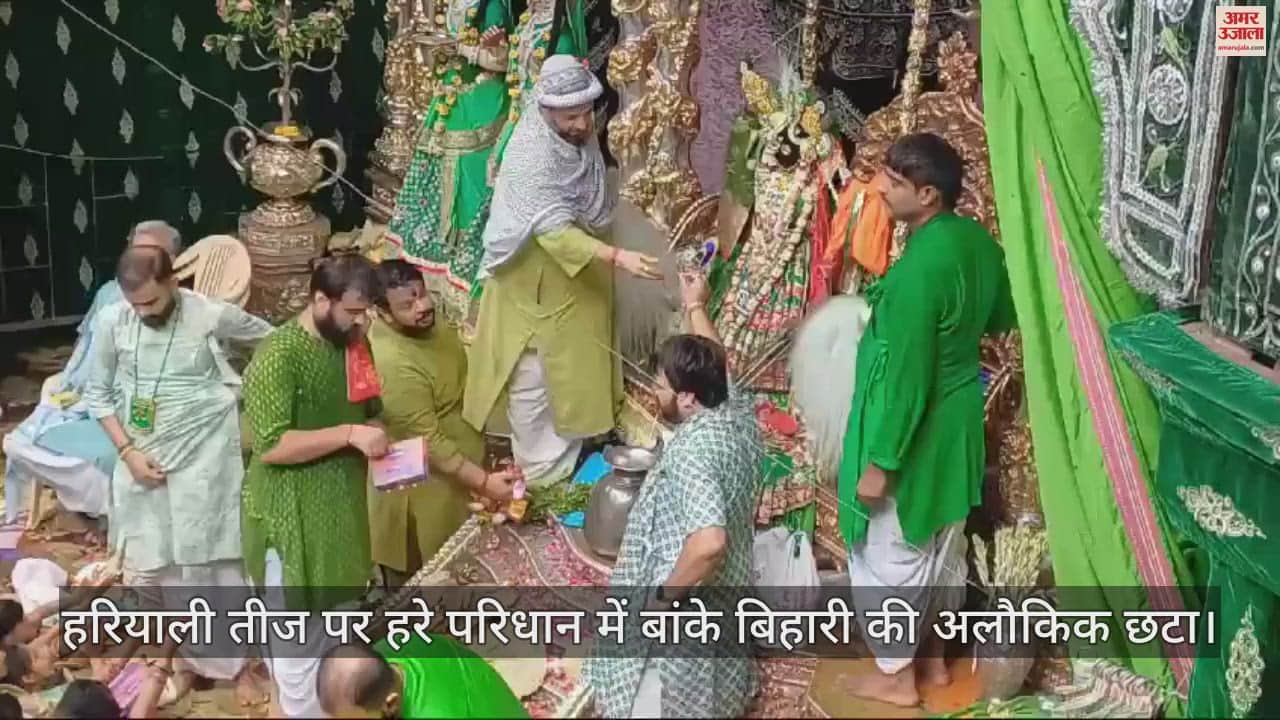 VIDEO : हरियाली तीज पर हरे परिधान में बांके बिहारी की अलौकिक छटा, दर्शन को उमड़ी भक्तों की भीड़