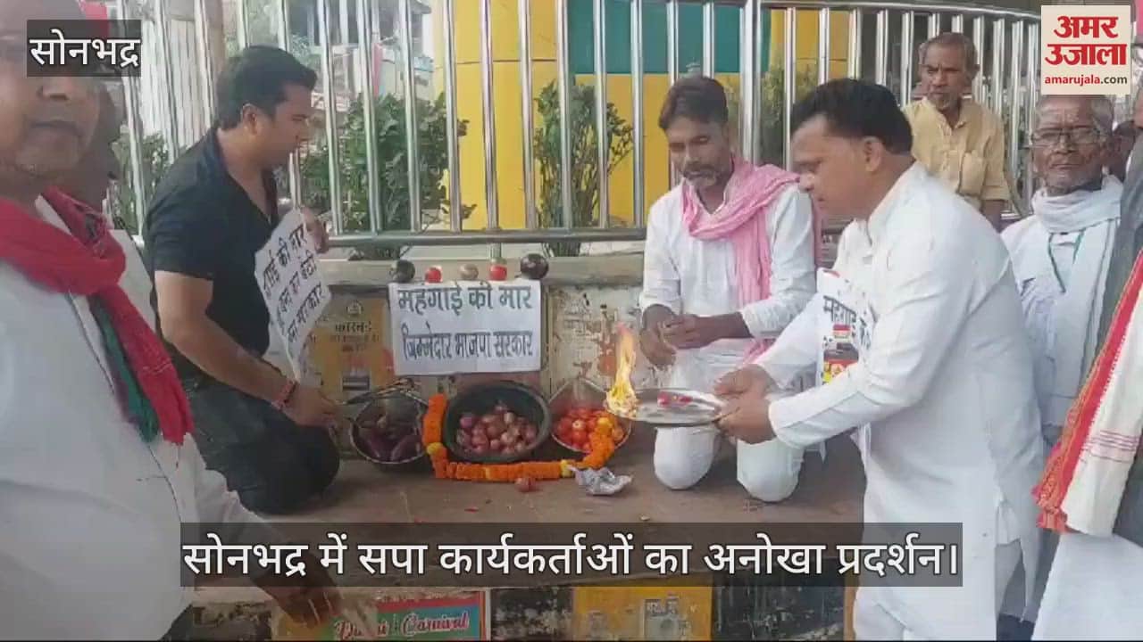 VIDEO : SP workers staged a unique protest against inflation in Sonbhadra, performed aarti of potatoes and onions