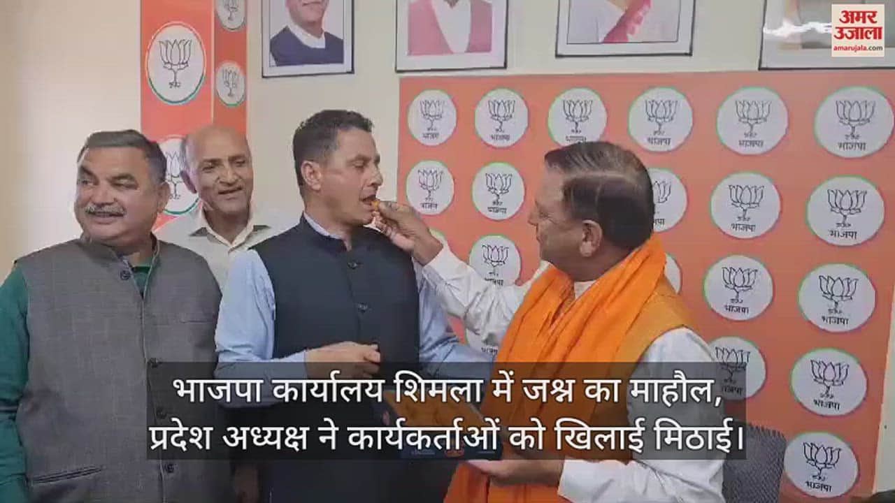 VIDEO : Celebrations galore at BJP office Shimla, state president feeds sweets to party workers