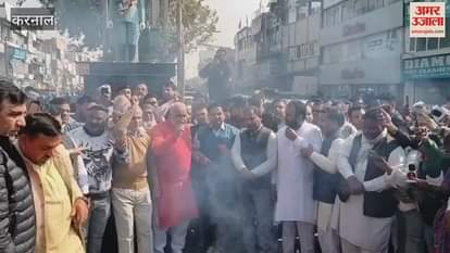 VIDEO : BJP workers burnt the effigy of Kejriwal at Karnal Ghantaghar Chowk