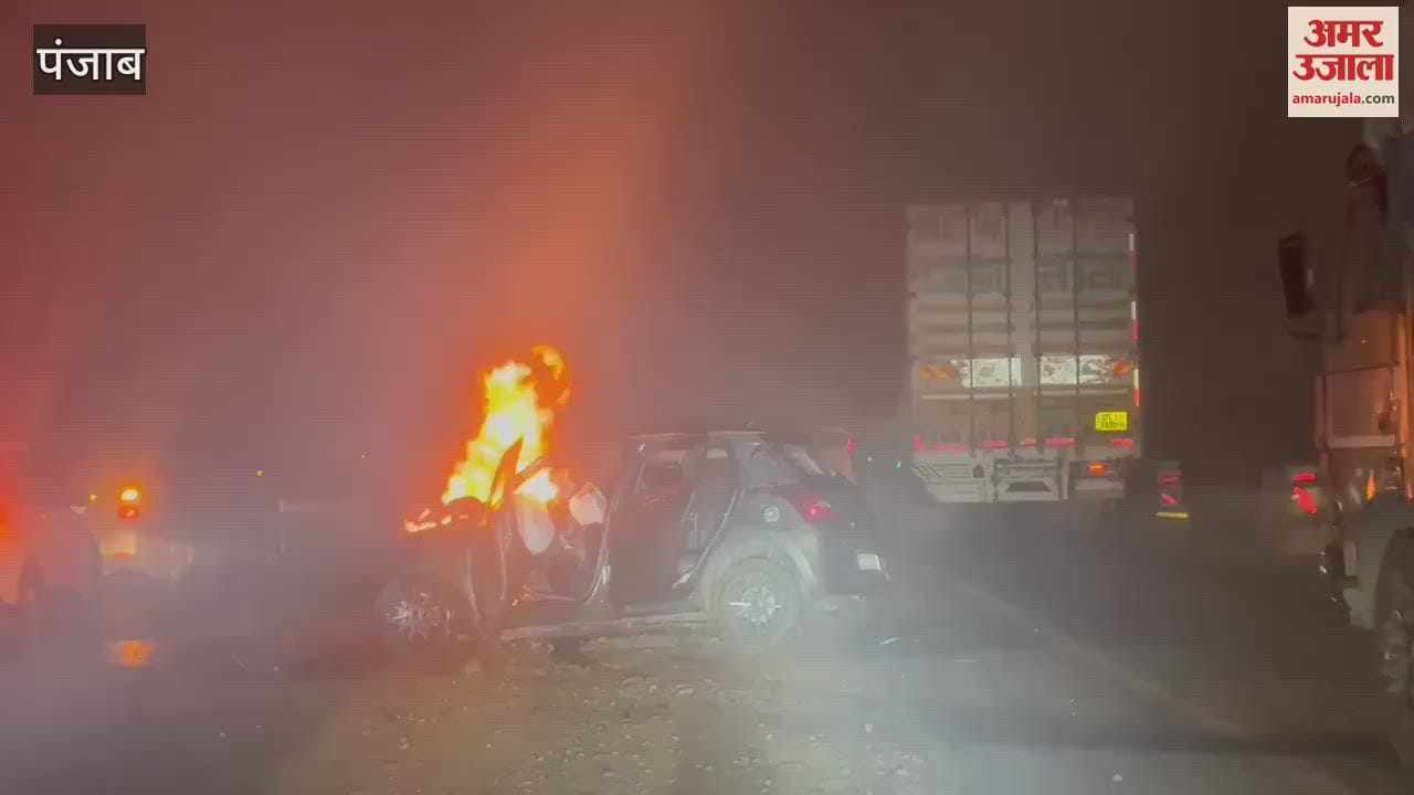 VIDEO : Fire broke out in car after hitting a barricade in Moga