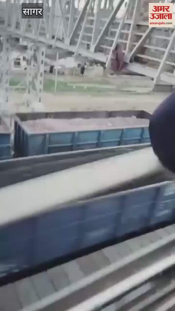 Woman sitting on railway foot over bridge jumped over moving goods train