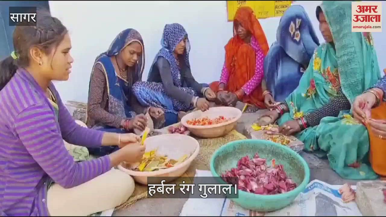 Tribal women of self-help groups making herbal coloured gulaal from flowers and leaves