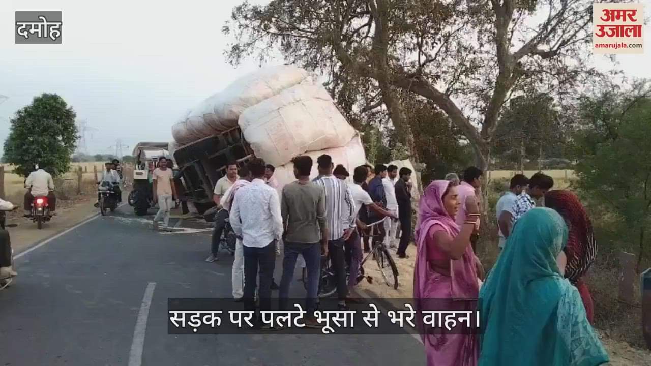 Damoh News: Two overloaded vehicles filled with straw overturned during crossing