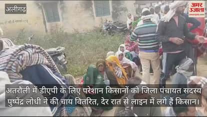 VIDEO : अतरौली में डीएपी के लिए परेशान किसानों को जिला पंचायत सदस्य पुष्पेंद्र लोधी ने की चाय वितरित, देर रात से लाइन में लगे हैं किसान