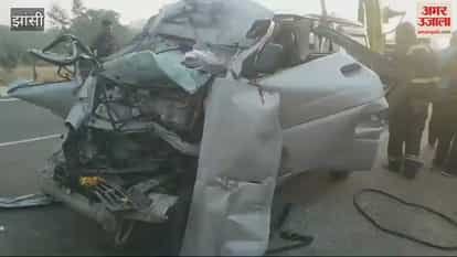 VIDEO : Jhansi-Khajuraho highway Car collided with a truck in jhansi