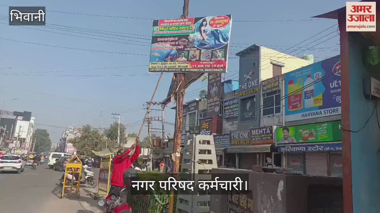 VIDEO : Bhiwani Municipal Council employees removed flex hanging on street lights