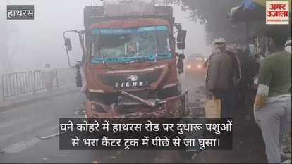 VIDEO : घने कोहरे में हाथरस रोड पर दुधारू पशुओं से भरा कैंटर ट्रक में पीछे से जा घुसा