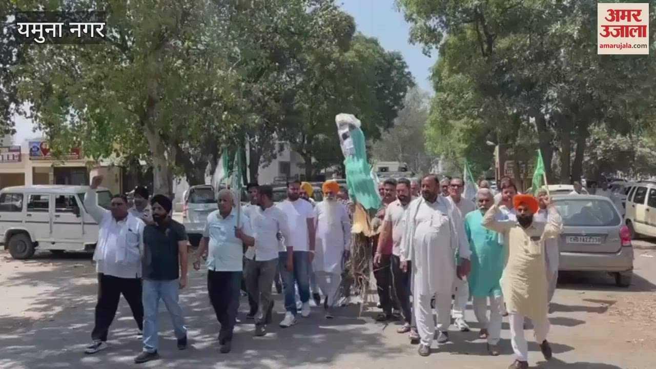 VIDEO : Farmers in Yamunanagar burnt the effigy of Donald Trump in protest against imposing 27 percent duty on India