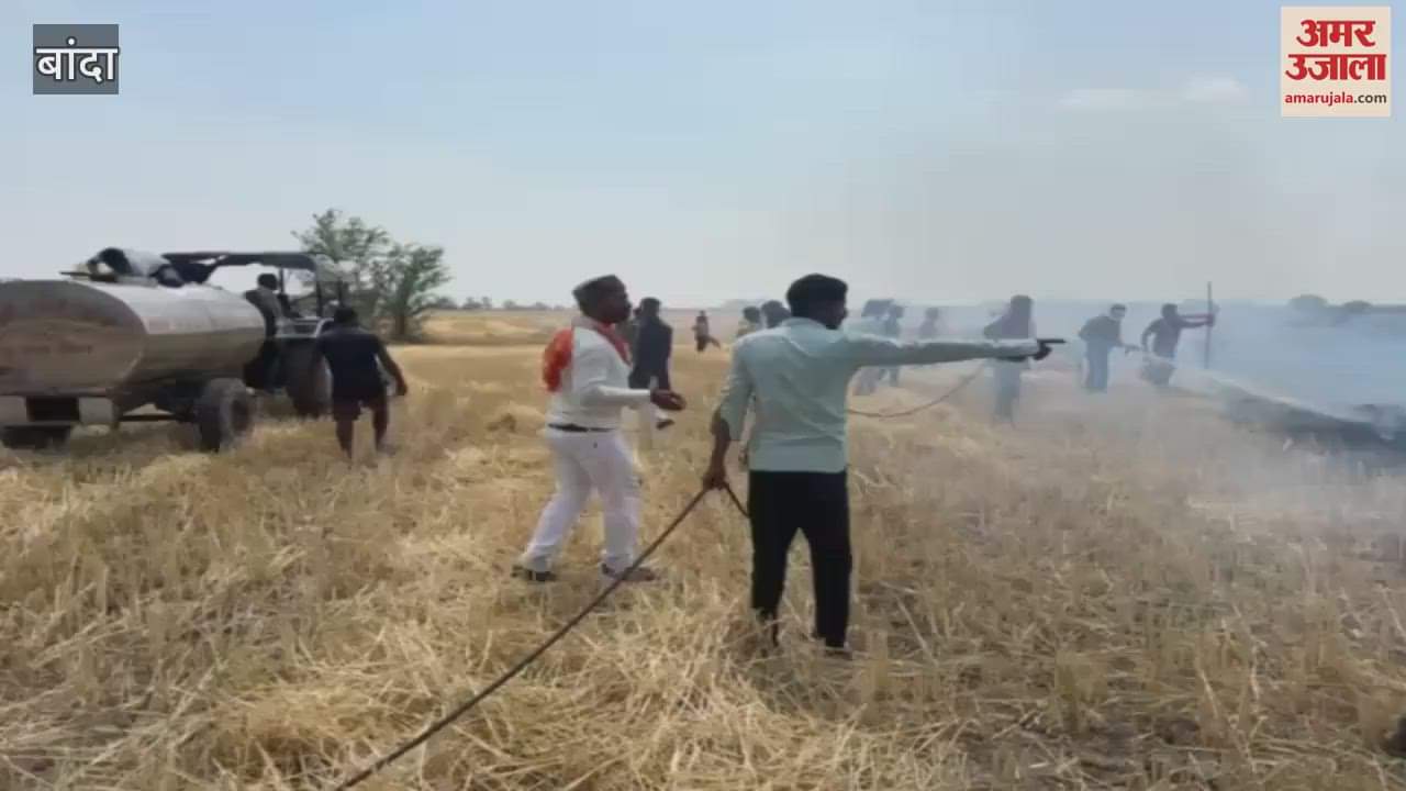 Crop burnt due to fire caused by spark from high tension line in Banda
