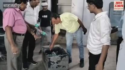 Officers destroyed water bottles of banned brands at Shahjahanpur railway station