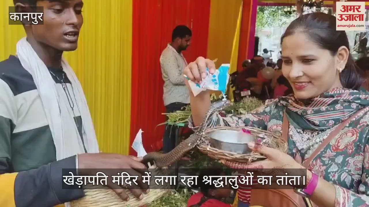 कानपुर में नाग पंचमी पर खेड़ापति मंदिर में नाग देवता का दुग्धाभिषेक