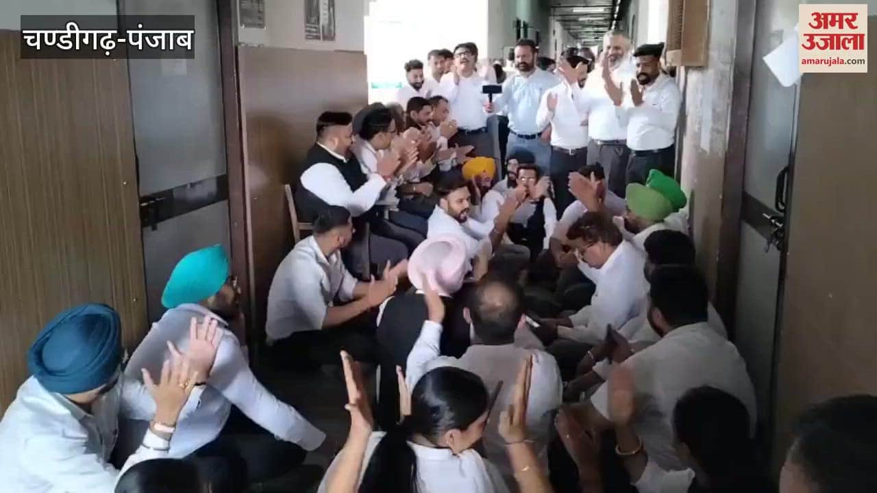 Lawyers sit on dharna outside the office of Assistant Labor Commissioner in Hoshiarpur, ALC stuck in the office for two and a half hours