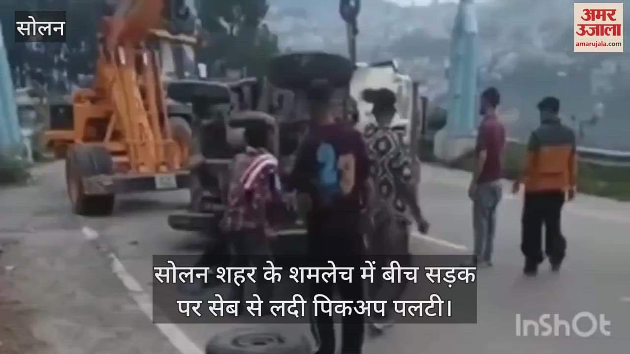 pickup loaded with apples overturned in the middle of the road in Shamlech