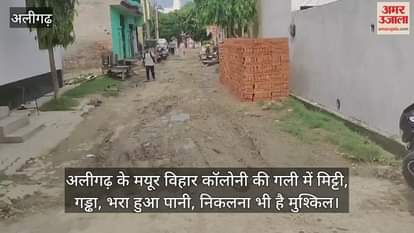 अलीगढ़ के मयूर विहार कॉलोनी की गली में मिट्टी, गड्ढा, भरा हुआ पानी, निकलना भी है मुश्किल