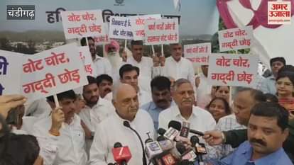 Bhupendra Singh Hooda talking to the media after the protest in Haryana Assembly