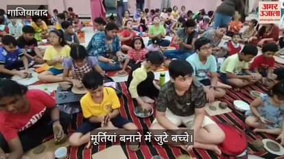 Children busy making idols ahead of Ganesh Chaturthi festival at Sumrise Green Society in Ghaziabad