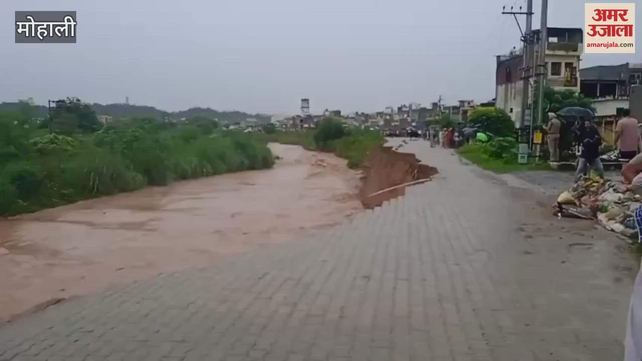 Road erosion near Kumaon Colony due to rainwater in Patiala's Rao river in Nayagaon
