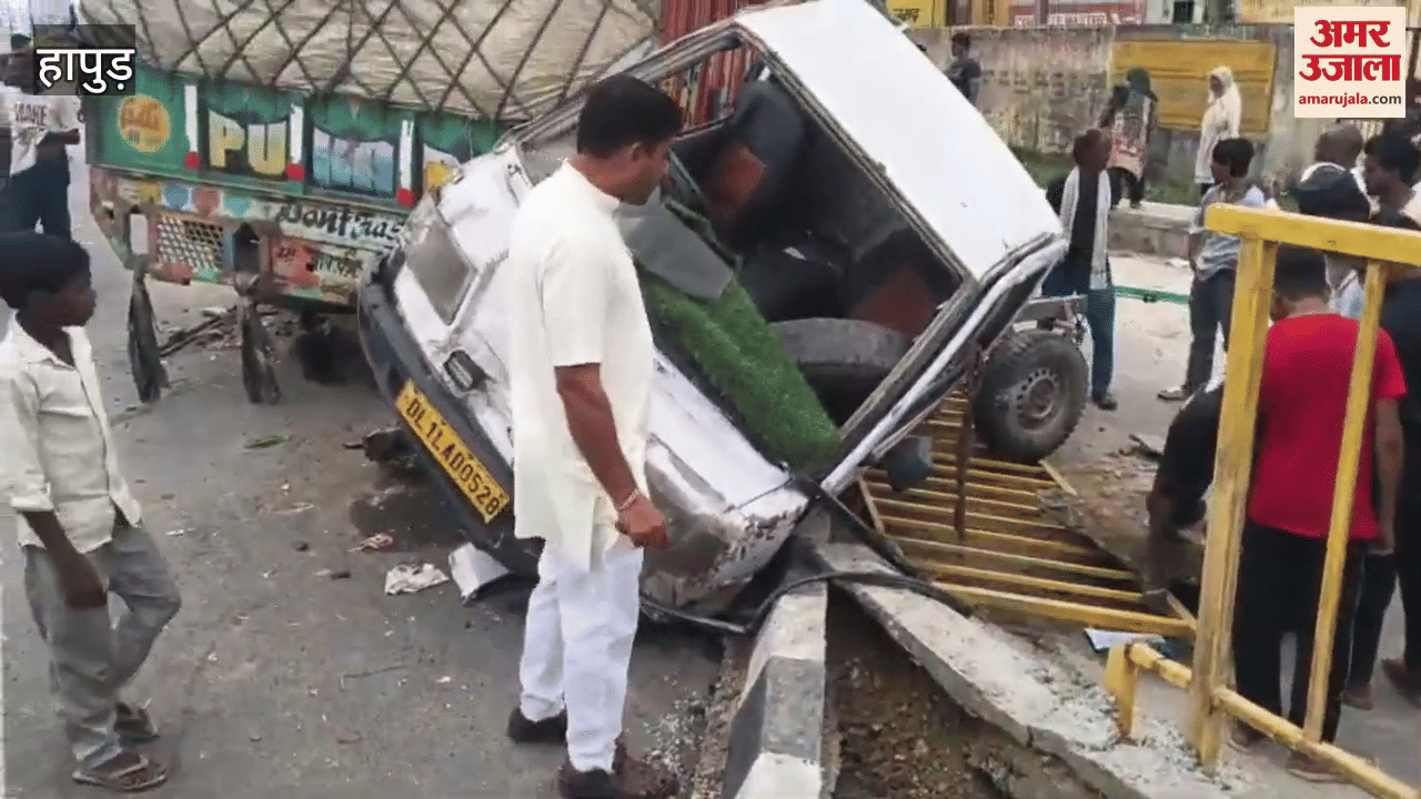 high speed truck jumped from divider and collided with a pickup coming from other direction in hapur
