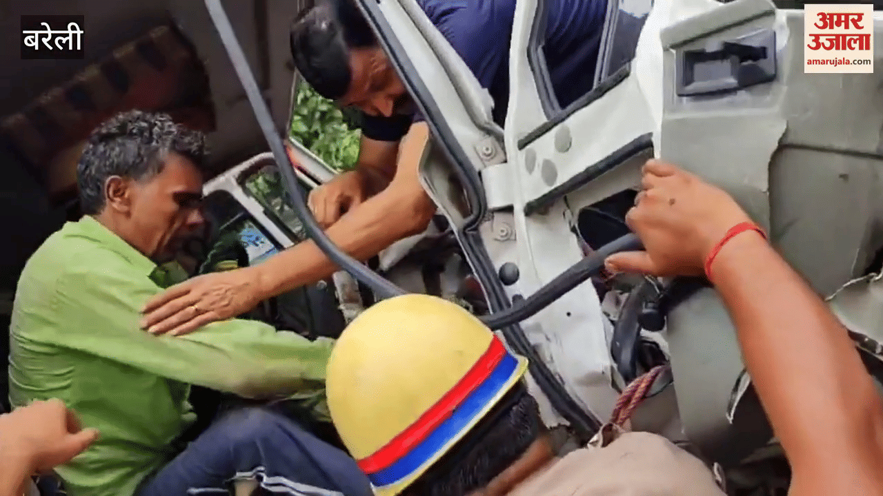 Truck collides with JCB on Bareilly highway driver trapped between steering and seat