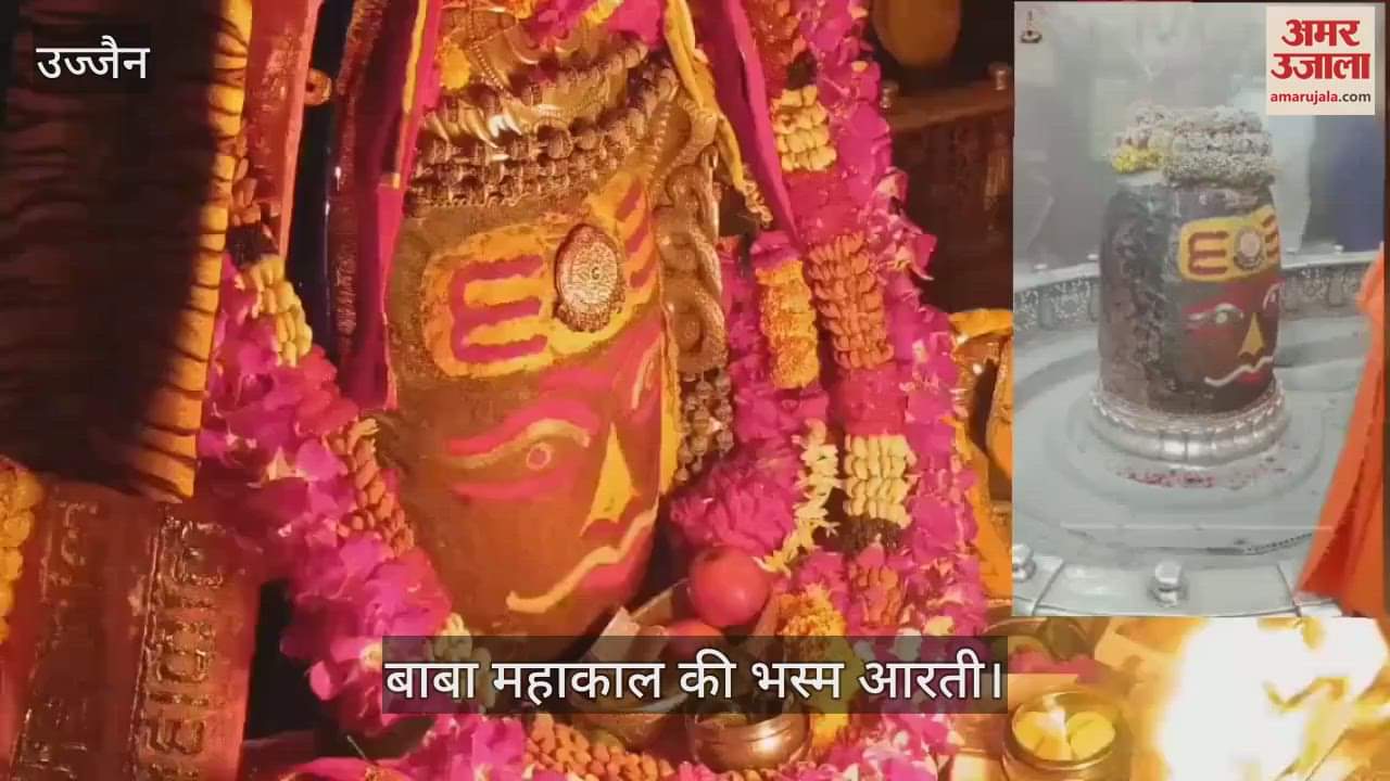 Baba Mahakal adorned worship material and wearing a garland of dry fruits during Bhasma Aarti.