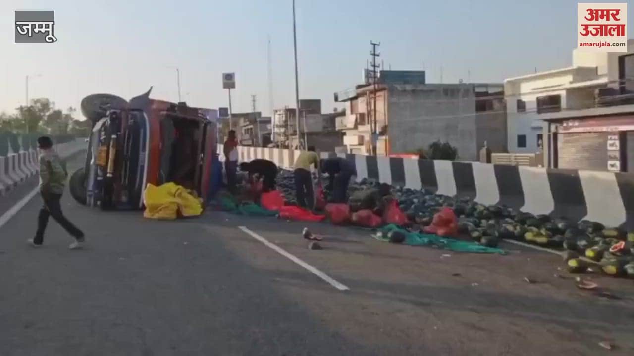 Truck loaded with watermelons overturns on Samba flyover, driver injured