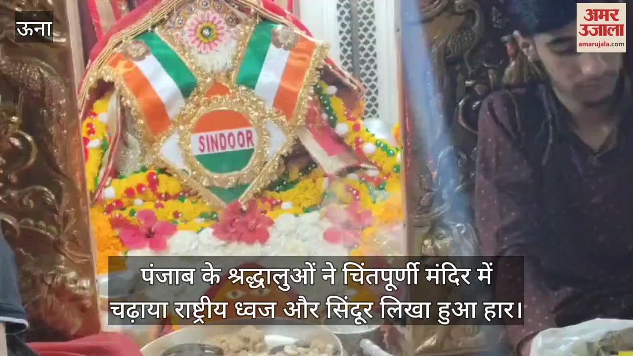 Devotees from Punjab offer Indian flags and garlands with vermilion written on them at the Chintapurni temple