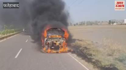 moving vehicle caught fire on Tohana bypass, the driver saved his life by jumping