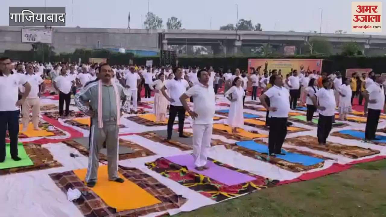 Deputy CM Keshav Prasad Maurya doing yoga at IMS University campus in Ghaziabad