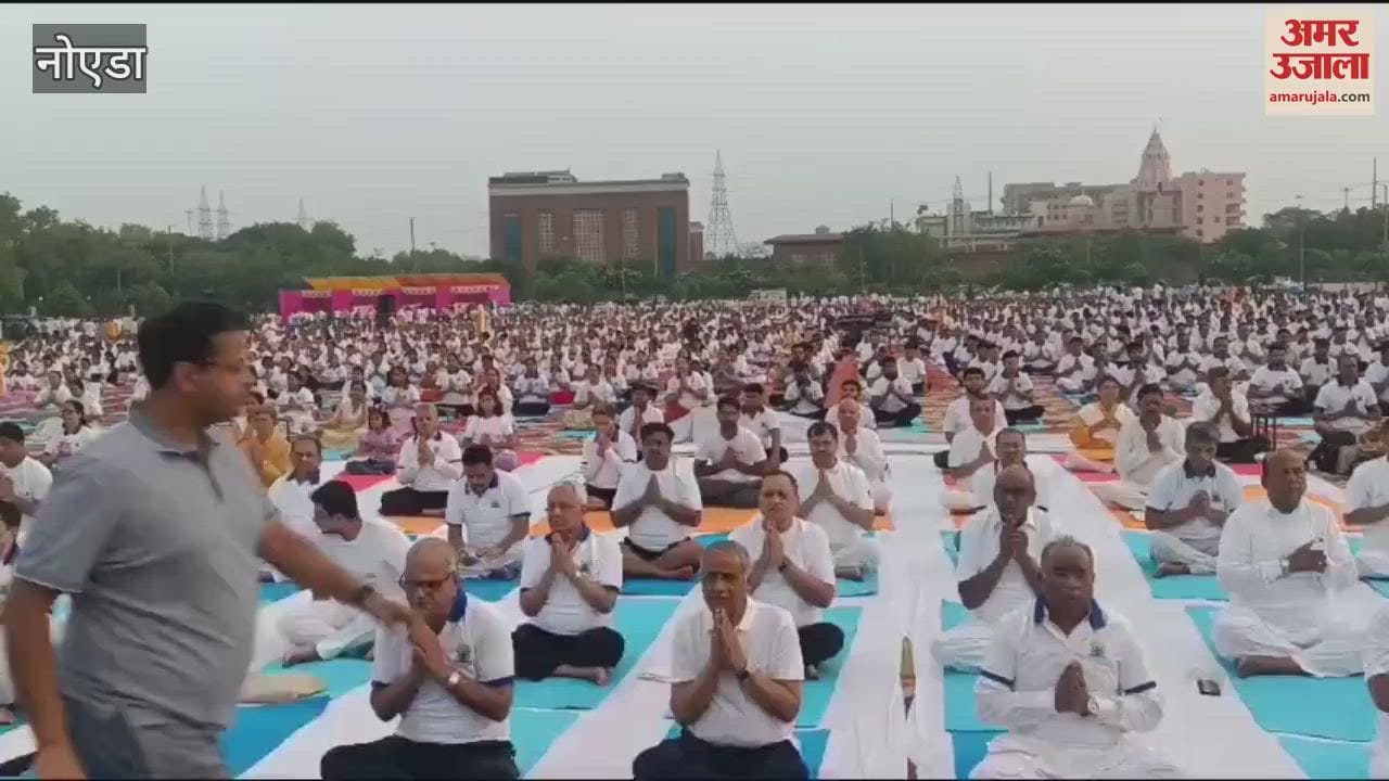 Many people did yoga together at Noida Haat