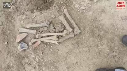 While digging a pond in Jind's Devar village, workers found a human skeleton and ancient pots, causing a stir