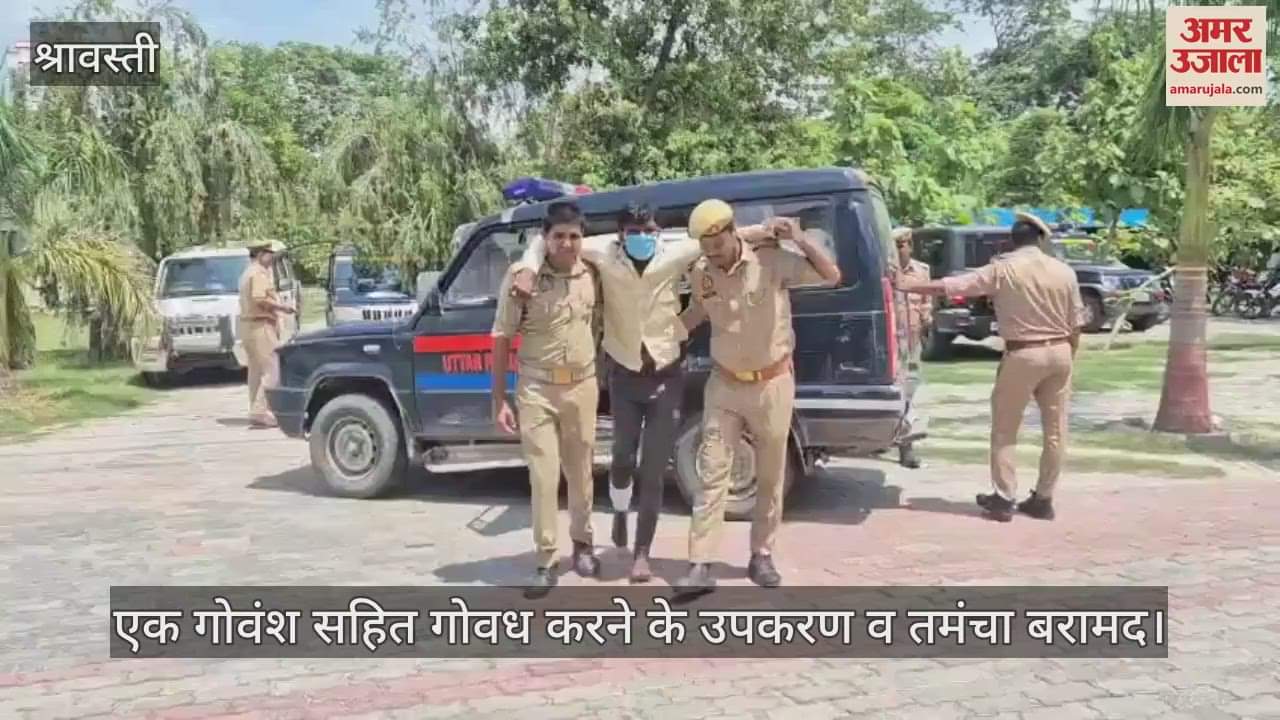 VIDEO: श्रावस्ती: गौ हत्या के दो वांछित पुलिस मुठभेड़ में गिरफ्तार, एक गोवंश सहित गोवध करने के उपकरण व तमंचा बरामद