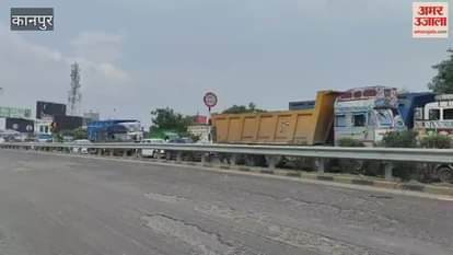 Vehicles crawling due to repair work on Jajmau highway