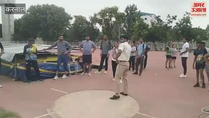Trial of players at Karna Stadium for state level sports Maha Kumbh in Karnal, rain stopped the process