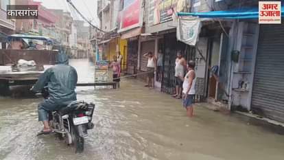 waterlogging in market from heavy rain in kasganj