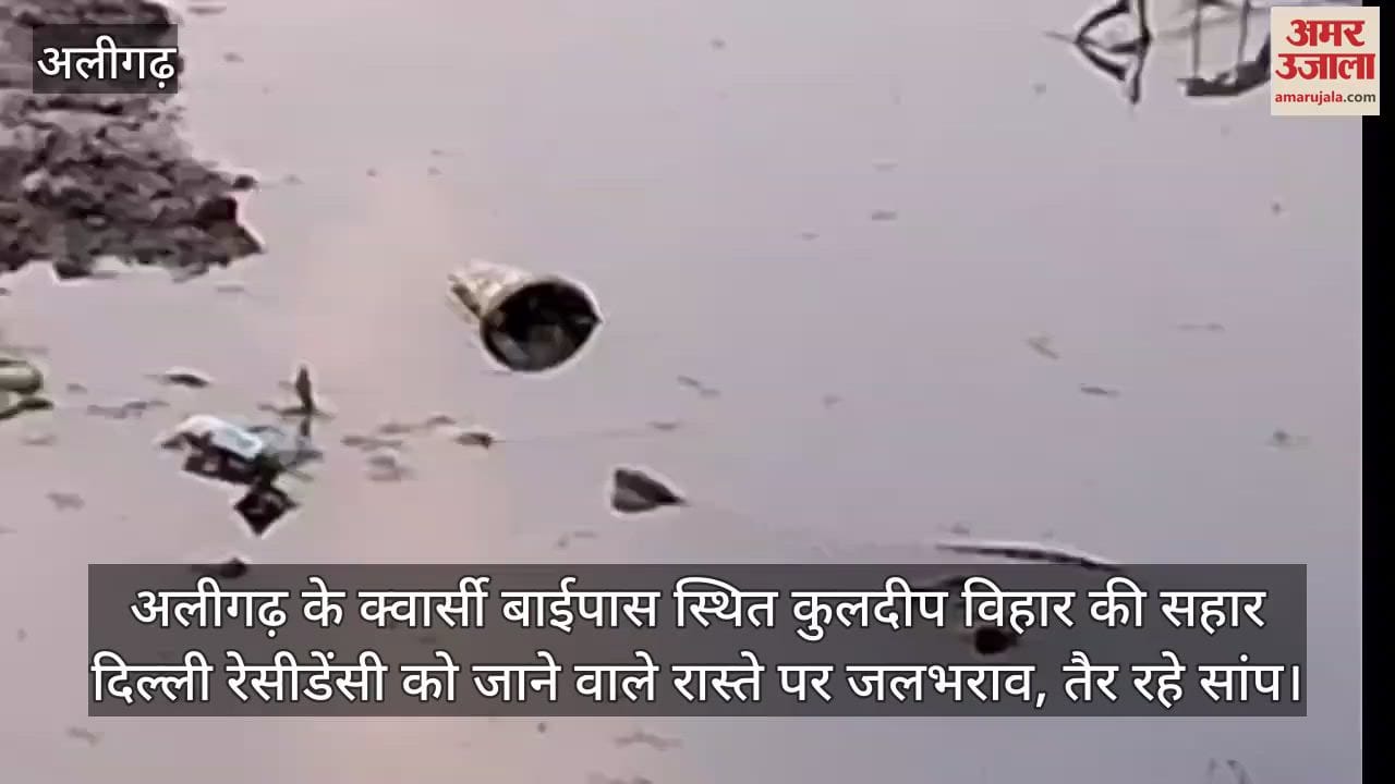 अलीगढ़ के क्वार्सी बाईपास स्थित कुलदीप विहार की सहार दिल्ली रेसीडेंसी को जाने वाले रास्ते पर जलभराव, तैर रहे सांप