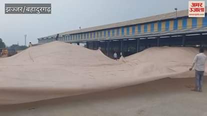 Light rain has started in Jhajjar; crops in the market are covered with tarpaulins.