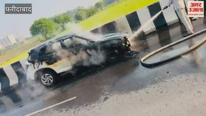 A car caught fire on the Delhi-Mumbai-Vadodara Expressway near Sector 84 and Village Sikri in Faridabad