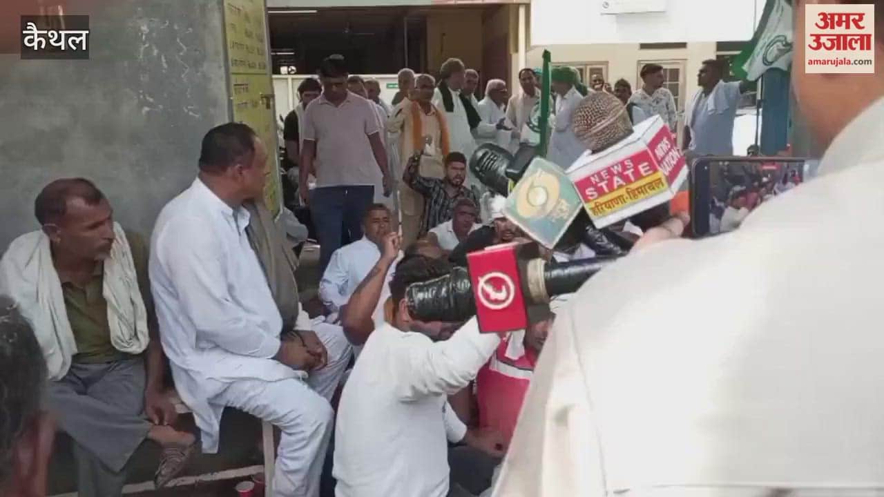 Farmers protest in Kaithal Mandi over wheat sacks being stored under sheds, raising slogans in front of the Secretary's office.