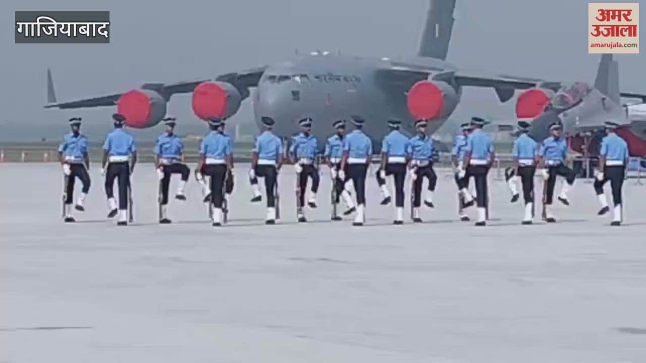 soldiers parade on indian air force day at hindon airbase