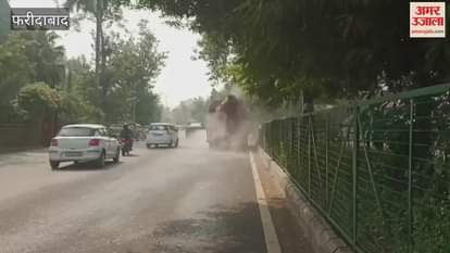 sprinkling from machine on roads in faridabad after implementation of grape one ater