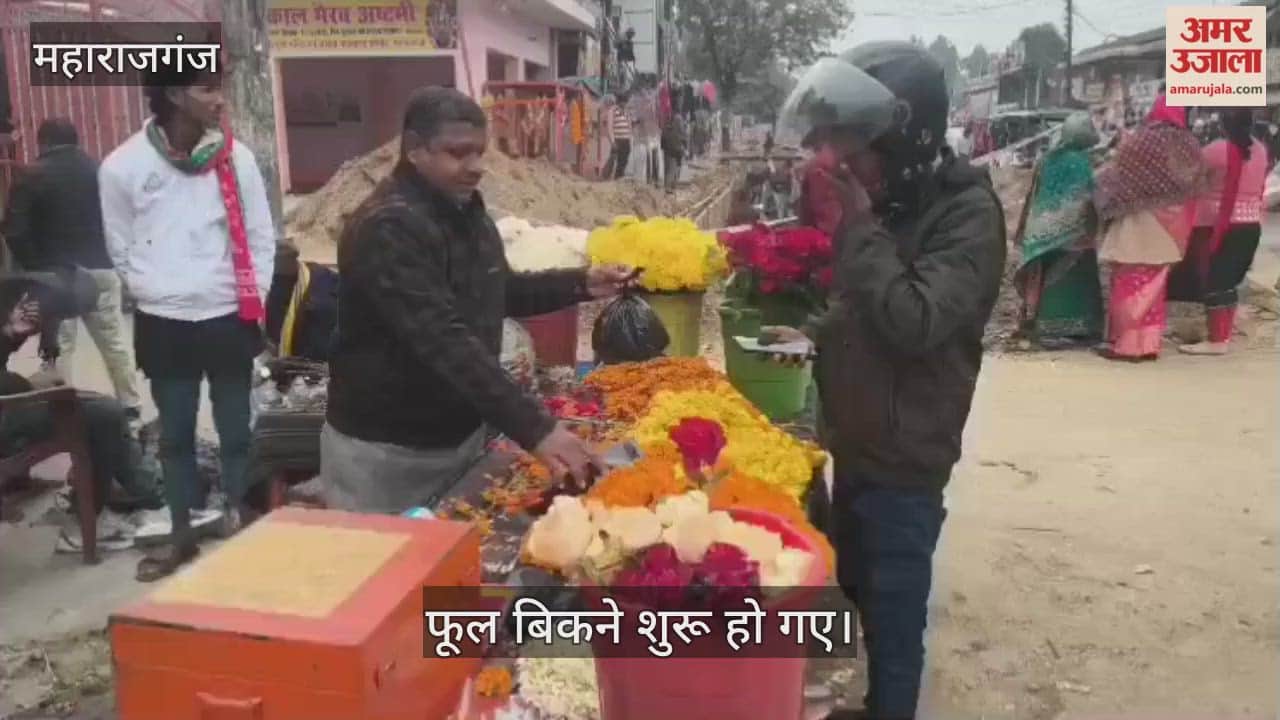 The market is decorated to welcome the New Year, shops selling bouquets are decorated.