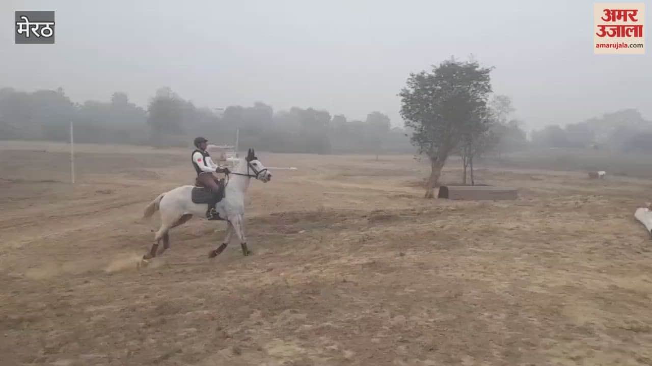 Meerut: Horse riders clearing hurdles in the 3-star cross-country race at RBC ground.