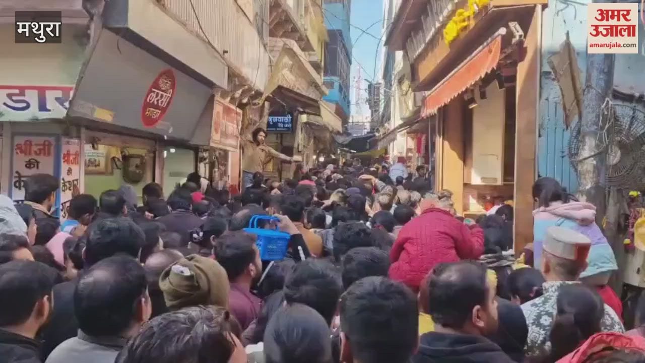 large crowd of devotees gathered at Banke Bihari temple in Vrindavan