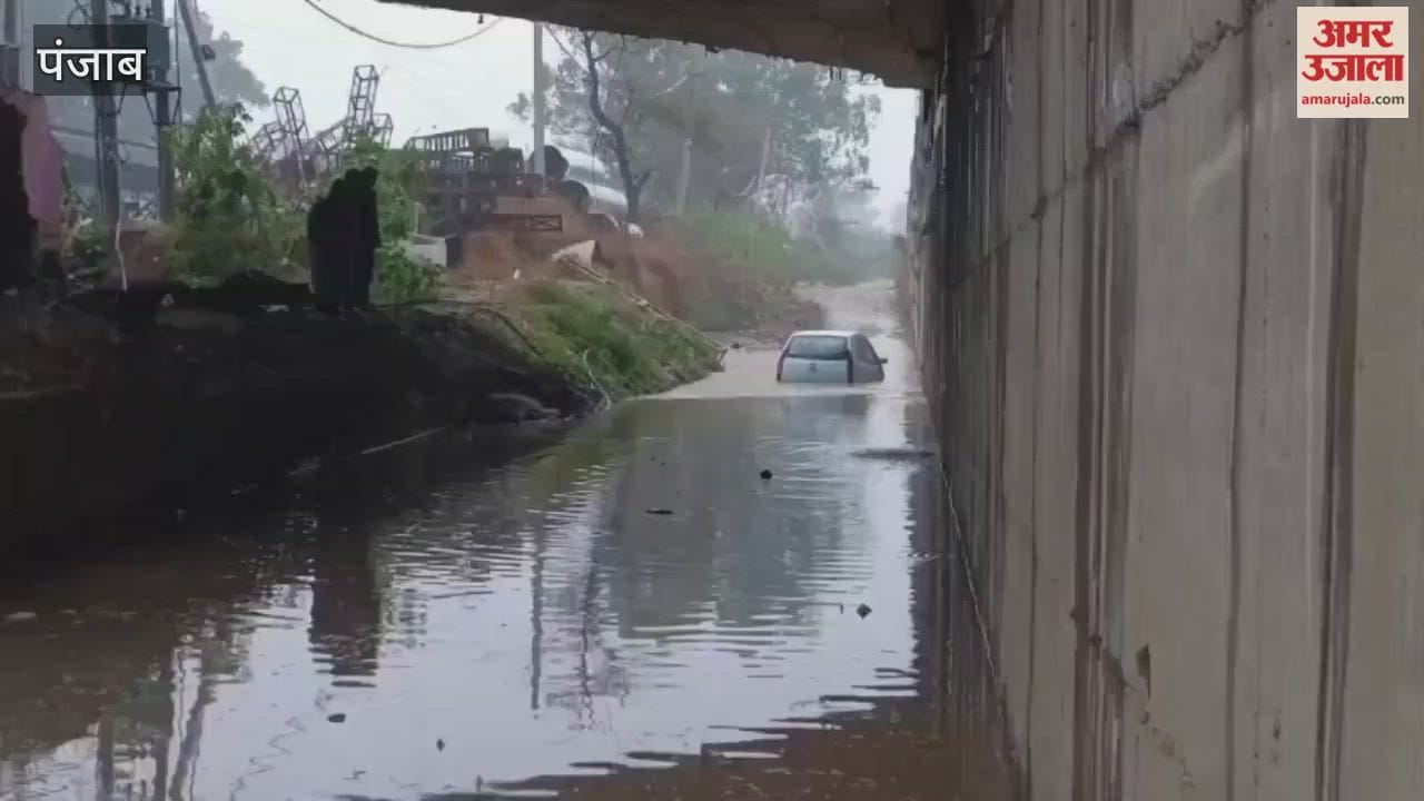 A car got stuck in water near a flyover due to rain in Pathankot.